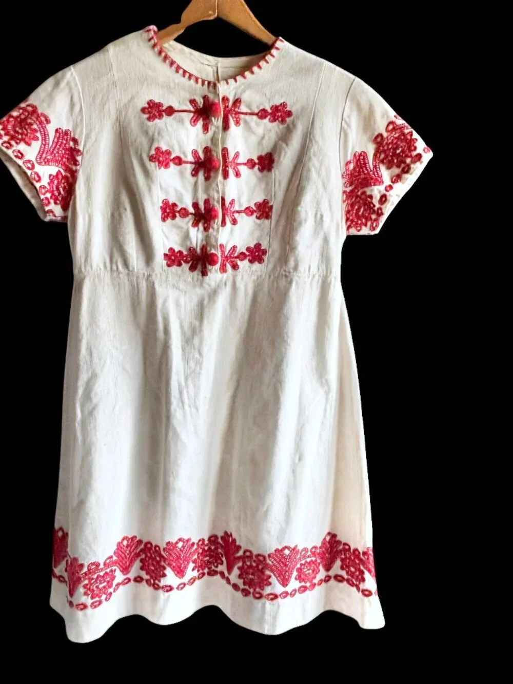 Vintage White Linen Handmade Embroidered Hungarian Folk Style Dress